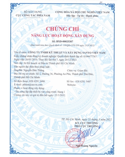 Chứng chỉ thi công lắp đặt thiết bị - Hạng 1